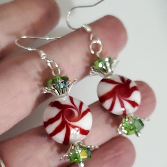 Glass lampwork candy peppermint earrings swavorski crystal 925 sterling silver - Picture 10 of 13